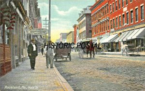 ROCKLAND MAINE~MAIN STREET-STOREFRONTS-HORSE CARRIAGES POSTCARD