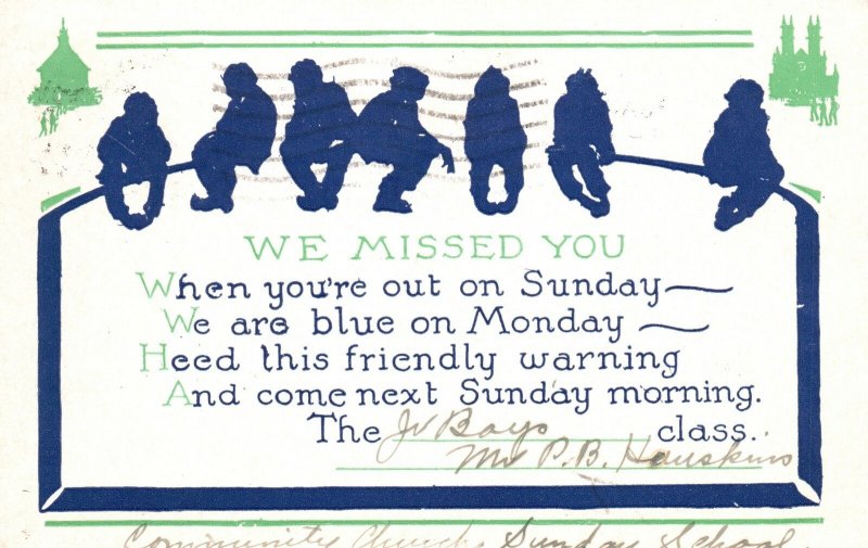 Vintage Postcard 1938 We Missed You When You're Out On Sunday Greetings Card