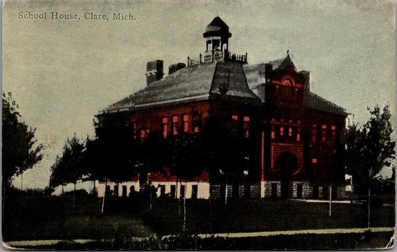 Clare MI~Unusual Belltower Cupola Surrounded by Parapet on RED School House 1910 