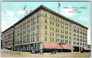 c1910s Denver CO Shirley Savoy & Annex Postcard Hotel Business Building Flag A84