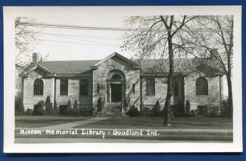 Mitten Memorial Library Goodland Indiana in Real Photo Postcard RPPC #1