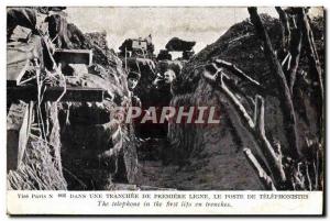 Postcard Old Phone In a front-line trench the post of Army telephonists