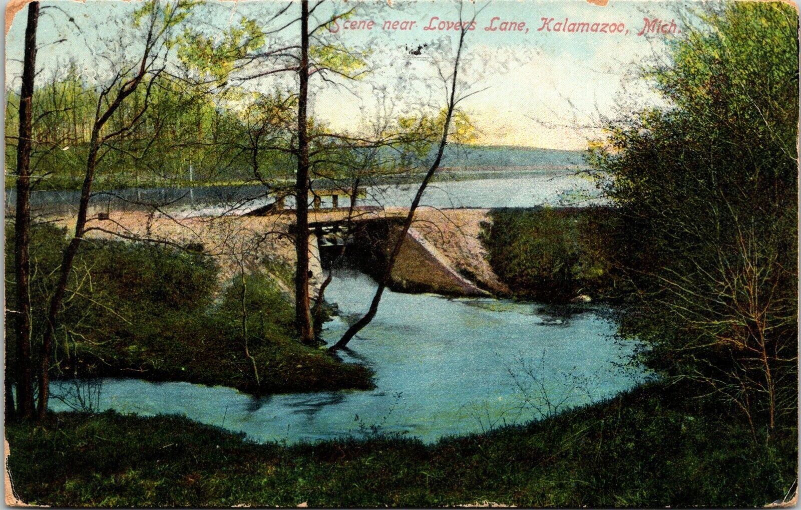 Scene Lovers Lane Kalamazoo Michigan MI Antique Postcard PM Cancel WOB