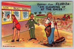 I'm Cleaning Up At The Races, Florida, Vintage Linen Curt Teich Comic Postcard