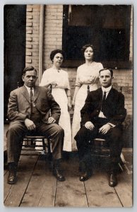 RPPC Ladies and Men Photo on Wood Plank Deck Sidewalk Real Photo Postcard L44