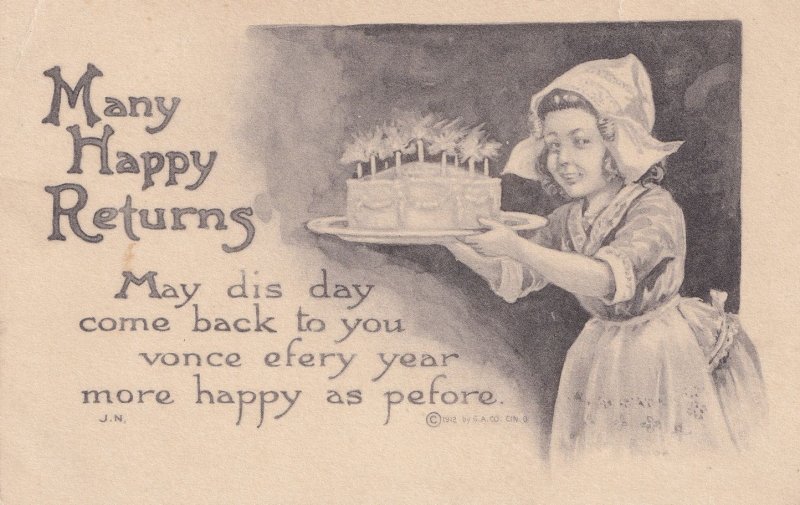 Red Riding Hood Type Child Making Made Cake Happy Birthday Antique Postcard