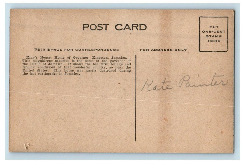 c1910s King's House Home of Governor, Kingston Jamaica Posted Postcard