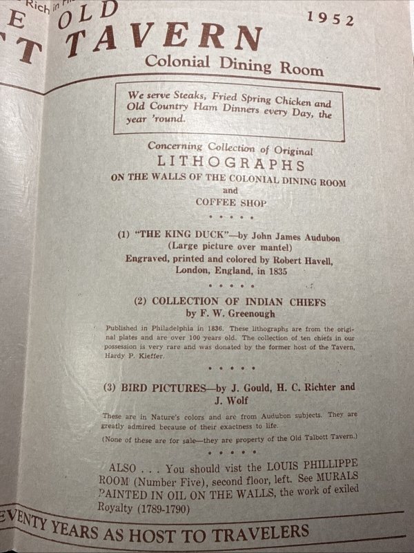 Vintage 50s OLD TALBOTT TAVERN Restaurant Menu BARDSTOWN Kentucky