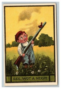 Vintage 1910's Comic Postcard Boy With Shotgun - Red Robin on Barrel - FUNNY