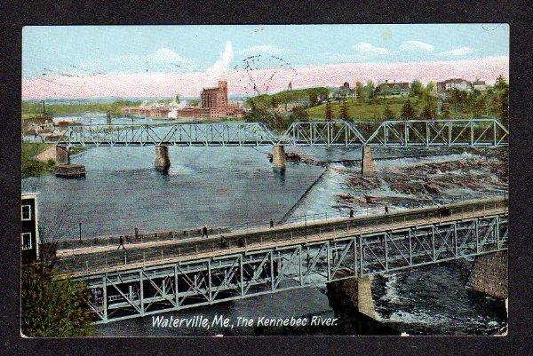 ME Vintage view Bridges Kennebec River WATERVILLE MAINE Postcard 1907 PC