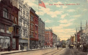 Amsterdam NY New York East Main Street Trolly, Tram and Buggies Postcard