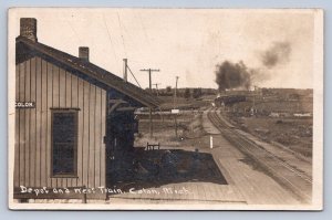 J95/ Colon Michigan RPPC Postcard c1910 Railroad Depot West Train  482