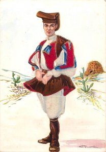 Sardinian folk costume Oliena (Nuoro) velvet material applied novelty postcard