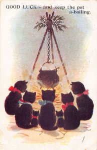 Good Luck Humanized Black Cats Around Boiling Pot 1932 postcard  B924