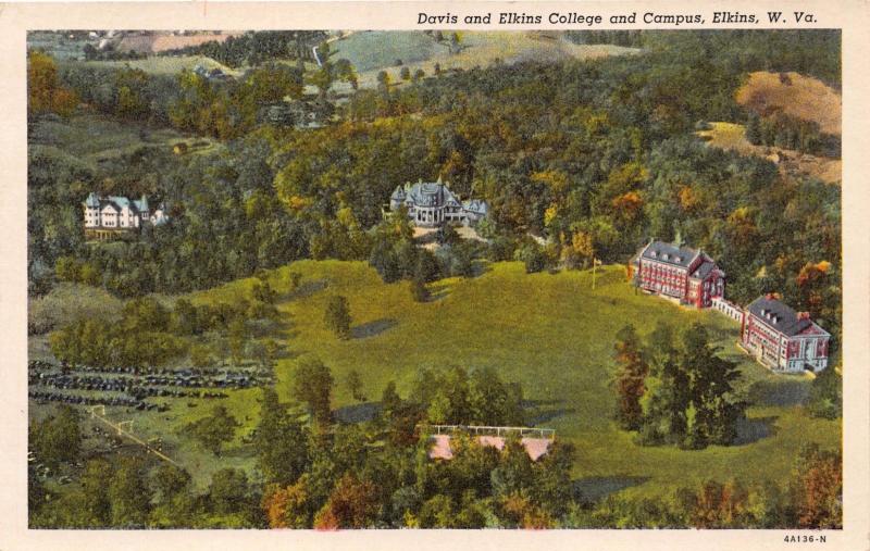 DAVIS & ELKINS COLLEGE WEST VIRGINIA AERIAL VIEW CAMPUS~TYGART NEWS POSTCARD