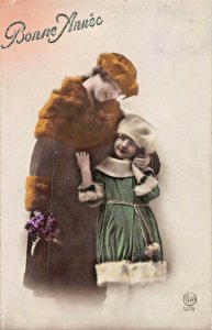 BONNE ANNEE~BEAUTIFUL WOMAN & YOUNG GIRL-1918 FRENCH PHOTO POSTCARD