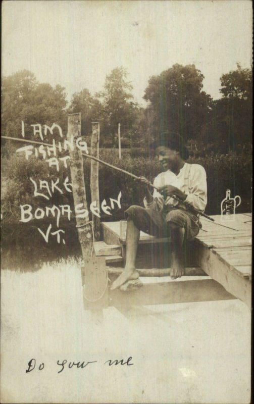 Black Americana Boy Fishing Lake Bomoseen VT Bomaseen Real Photo Postcard