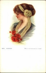 Beautiful Woman w Scarf and Roses Susan FREDERICKSON CO c1910 Postcard