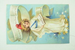 C.1910 Patriotic Postcard Adorable Girl Singing America Stars F31