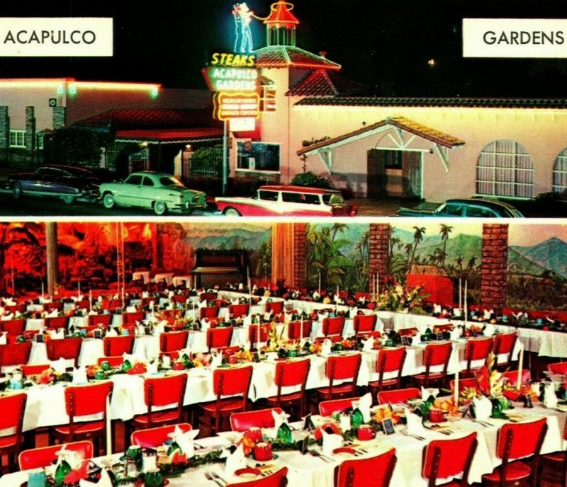 Acapulco Gardens Sign Classic Cars Int Dining Room Oceanside CA Chorme Postcard