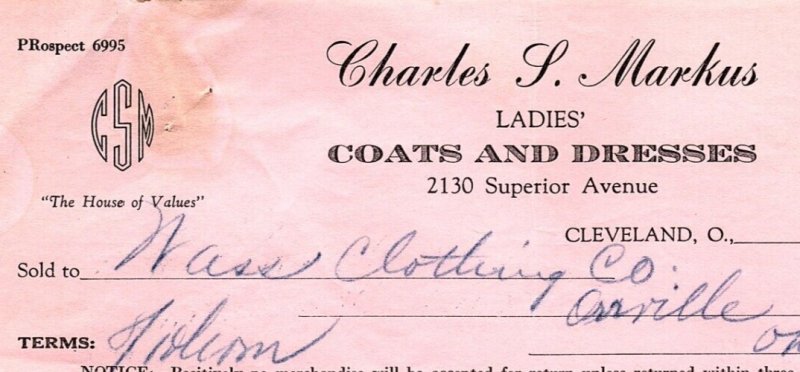 1936 CHARLES S MARKUS LADIES COATS-DRESSES CLEVELAND OHIO BILLHEAD INVOICE Z1392