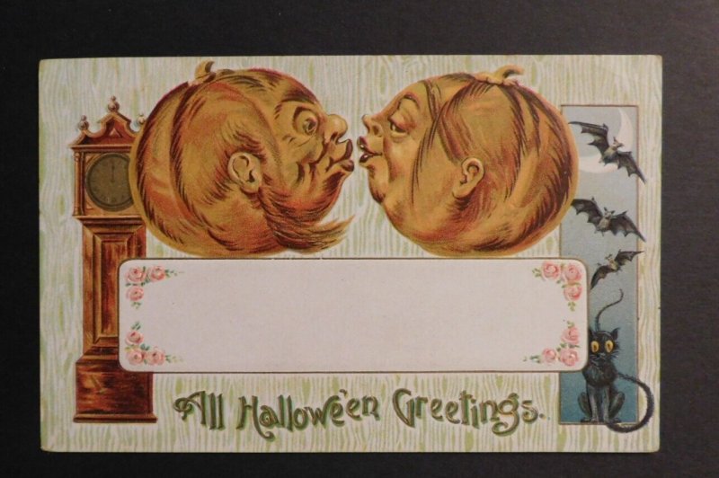 1909 USA Halloween Postcard Cover Oneida IL Local Use Kissing Pumpkins Clock Cat