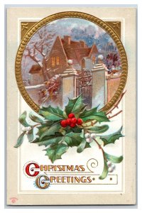 Night At Mansion Gate Christmas Greetings Holly Embossed Unused DB Postcard R10