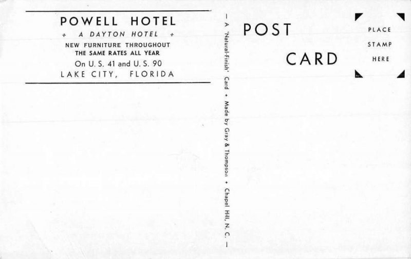 Lake City Florida birds-eye view Hotel Powell vintage pc CC729