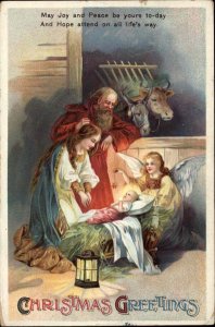 Christmas Int'l Art Angels Look Over Baby Jesus in Manger c1910 Vintage Postcard