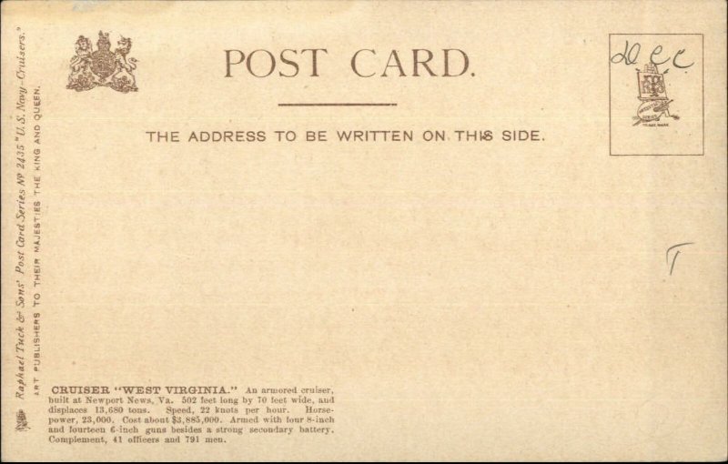 US Navy Bcruiser Ship West Virginia c1905 TUCK Postcard