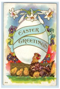 c1910's Easter Greetings Giant Egg Hen Chicken Chic Flowers Embossed Postcard
