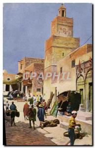 Postcard Old Orientalism Sfax Tunis Street and Mosque