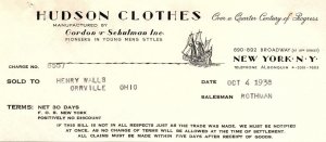 1938 HUDSON CLOTHES GORDON AND SCHULMAN N.Y. YOUNG MEN'S  BILLHEAD INVOICE Z506