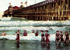 Pier and Sun Pavilion Long Beach California Postcard Sea Bathing c 1910 Antique