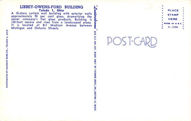 Toledo Ohio 1950s Postcard Libby Owens Ford Building