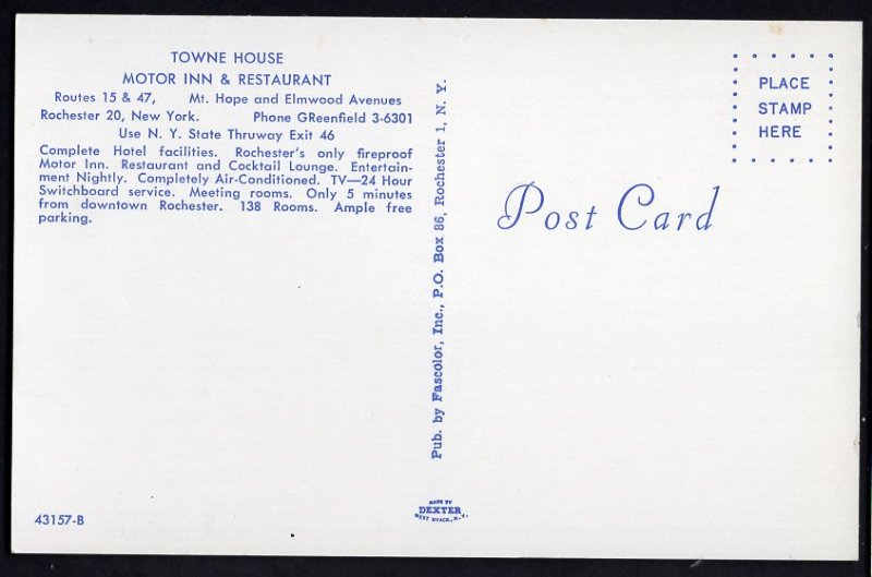 New York ROCHESTER Towne House Motor Inn & Restaurant Routes 15 & 47 - Chrome