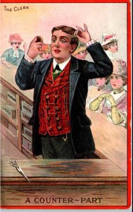 The Clerk - A Counter-Part - Fixing hair while customers wait - Embossed - c1908