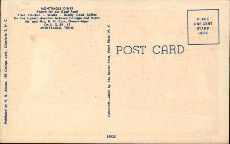 Monteagle TN LINEN DINER Postcard
