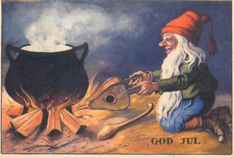 God Jul Sweden New Year liliput postcard Sweden dwarf gnome caricature