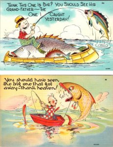 2~ca1940's Linen Postcards FISHING COMICS The Big One~Got Away~In Boat FISHERMEN