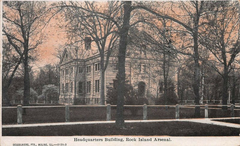 Headquarters Building, Rock Island Arsenal, IL., Early Postcard, Used in 1910