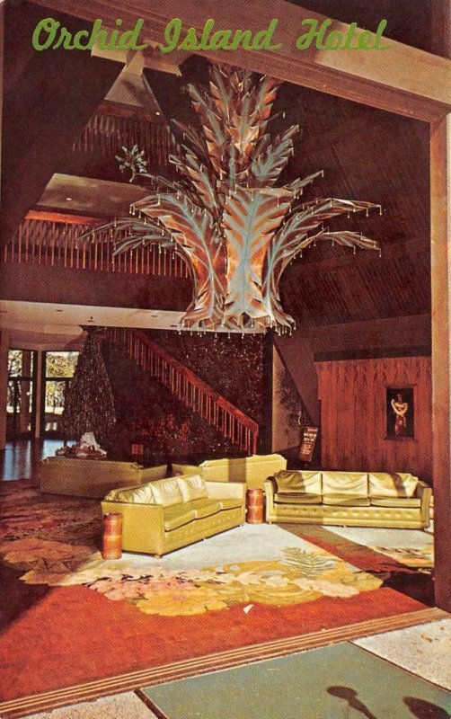 ORCHID ISLAND HOTEL Hilo, Hawaii Lobby Interior c1960s Vintage Postcard