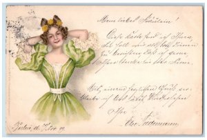 1899 Beautiful Girl Green Dress Curly Hair Berlin Germany Antique Postcard 