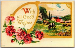 With All Good Wishes Flowers Landscape Farm Bouquet Greetings Card Postcard