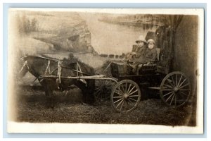 1914 Studio Portrait Ohio Pony Wagon Children RPPC Photo Antique Postcard