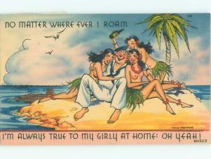 Linen Risque signed WWII NAVY SAILOR ON THE ISLAND OF TOPLESS GIRLS AB6687