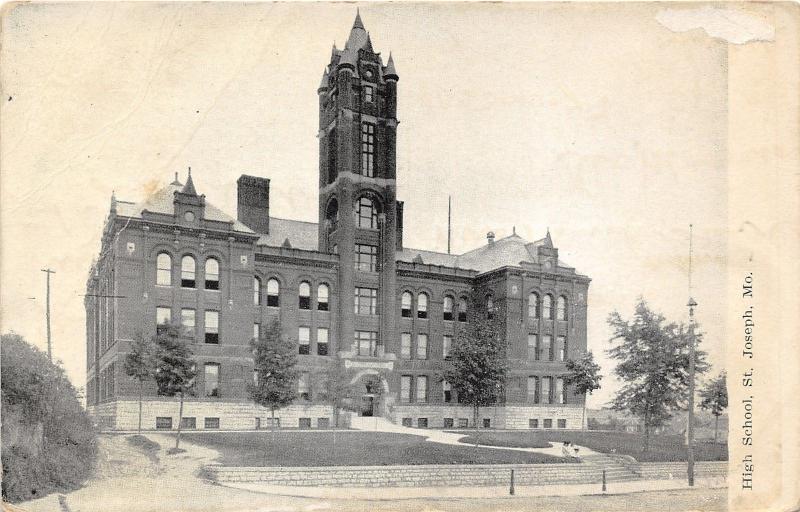 St Joseph Missouri~High School Building & Grounds~Small Trees in Front~1908 PC