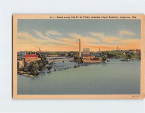 Postcard Scene along Fox River Valley showing Paper Industry, Appleton, WI