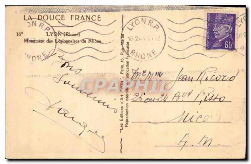 Old Postcard Lyon Rhone Monument of Legionnaires RhoneLimoges Haute Vienne La...