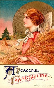Vintage 1910's Schmucker Winsch Girl Golden Sun Harvest Thanksgiving Postcard